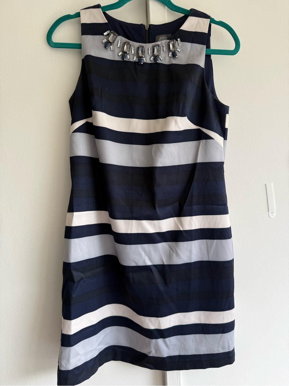 Vince Camuto Navy and White Striped Jewel-Neck Mini Dress